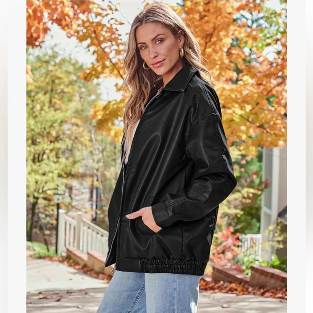 Women's Black Oversized Faux Leather Jacket NWT small - Picture 3 of 7